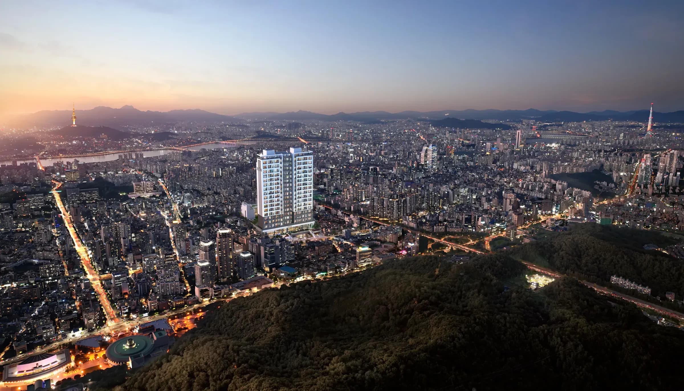 서초 PH1603 광역 야경 조감도 — 서울 도심 한가운데 위치한 단지 입지